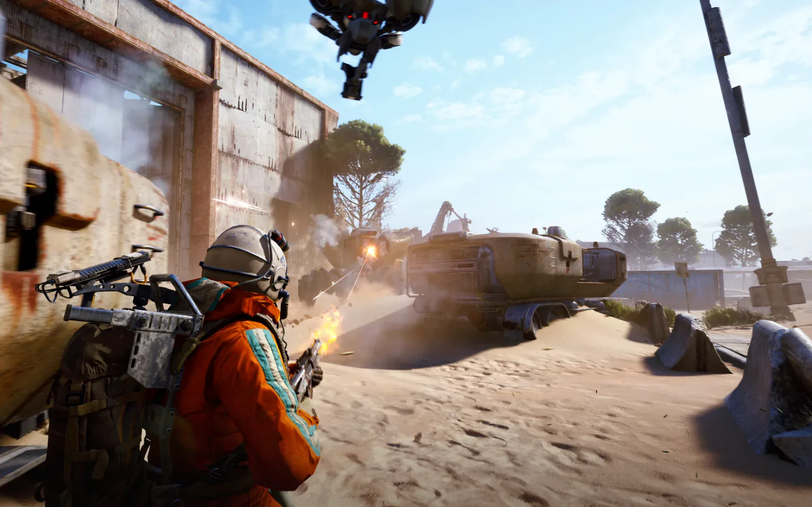 A firefight in sandy ruins with an ARC drone circling overhead
