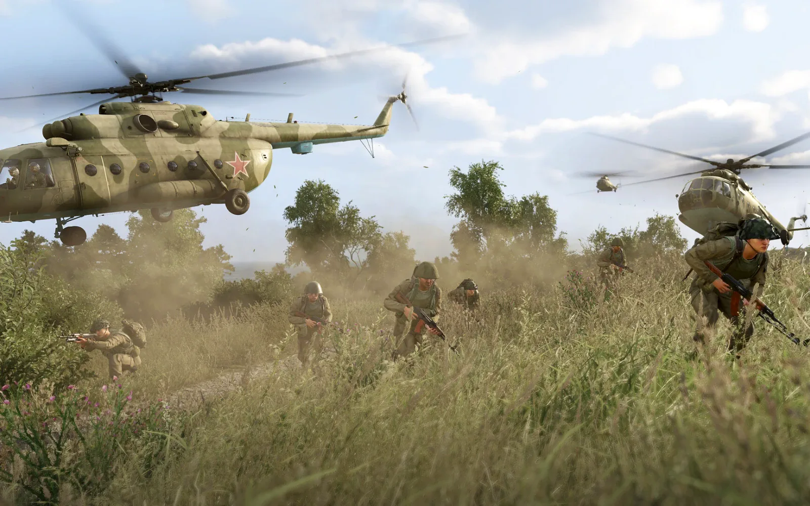 Infantry advances under the cover of Mi-8 helicopters