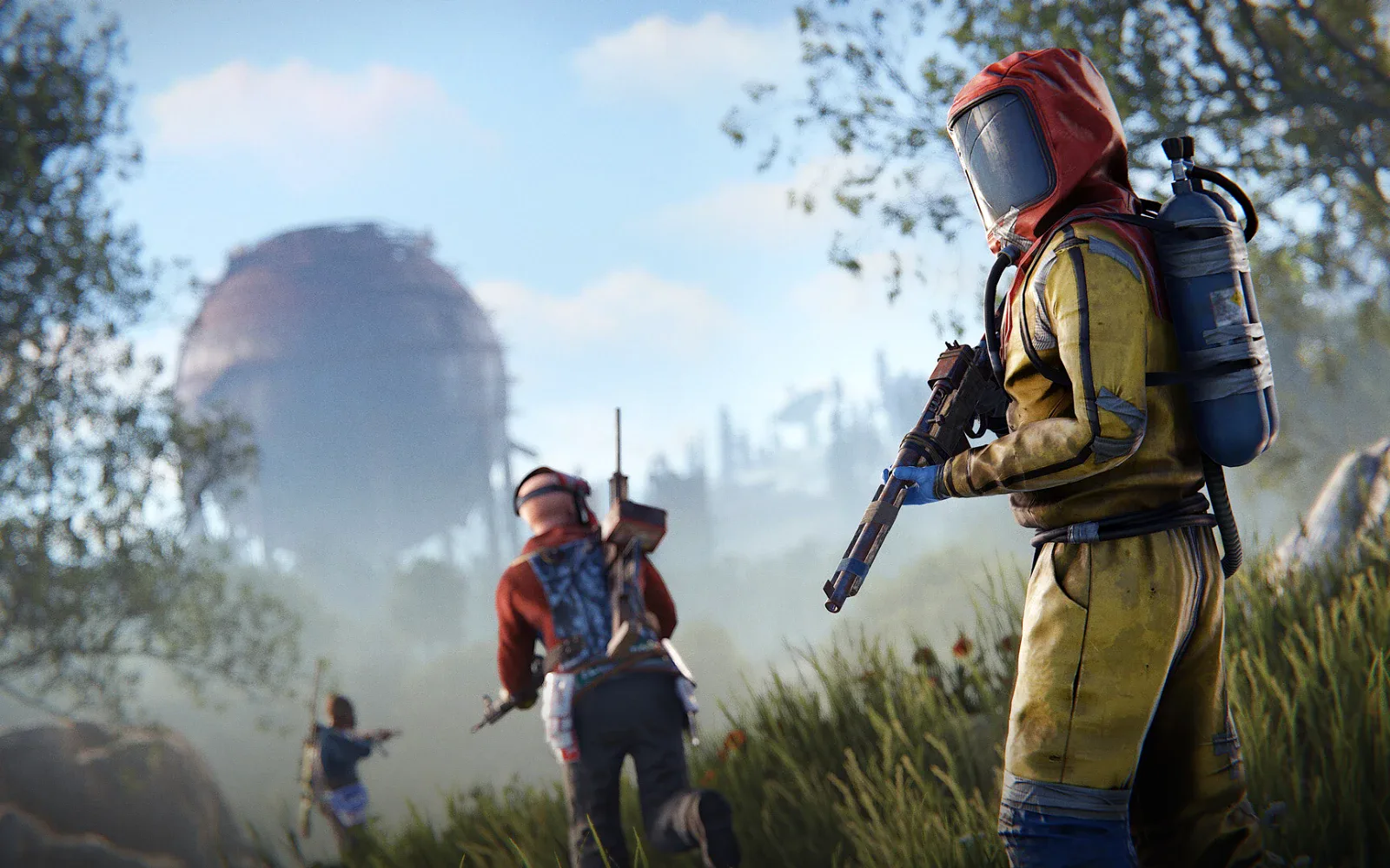 Survivors in hazmat suits cross the Rust island