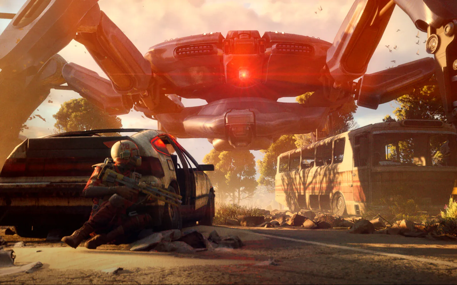 A Raider takes cover behind a car from a giant ARC machine