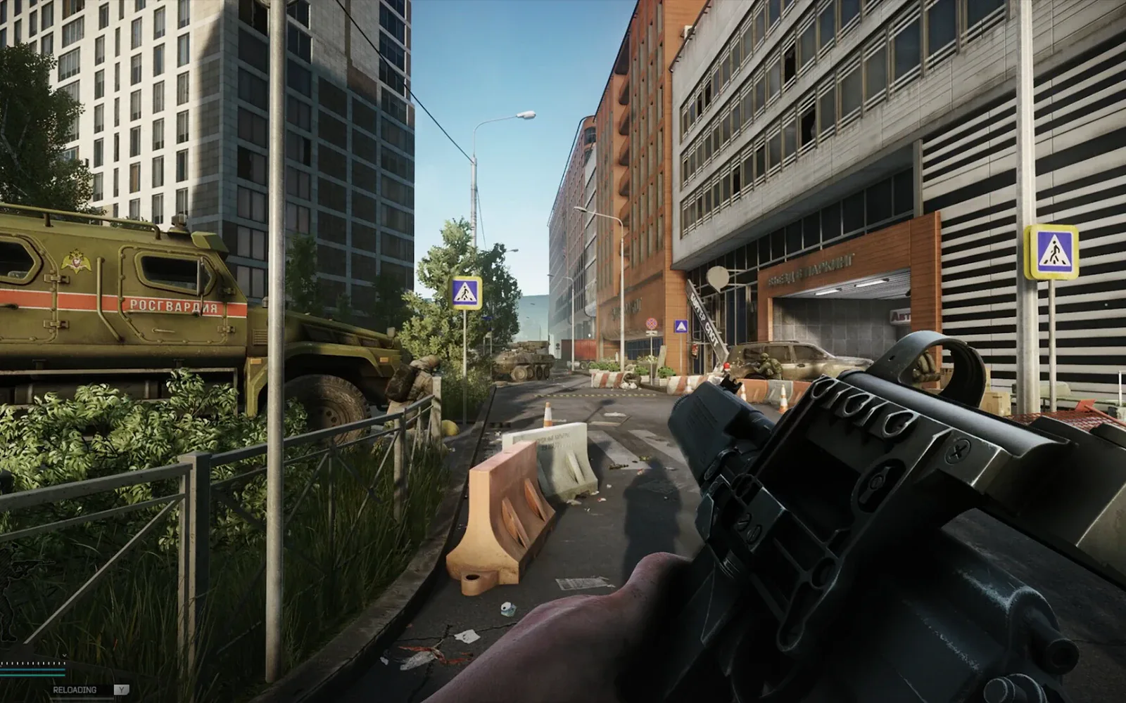 The Streets of Tarkov with armoured vehicles, first-person view